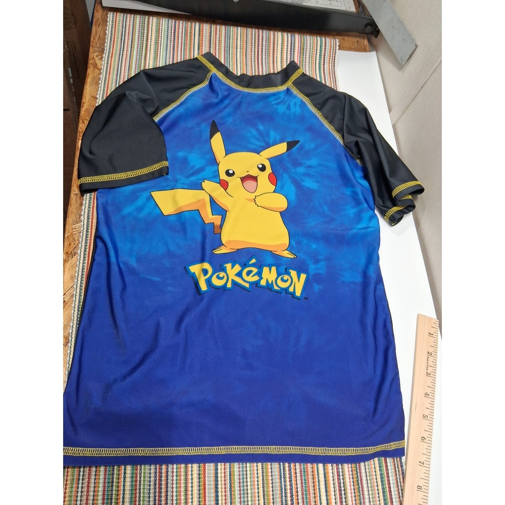Pokemon Pikachu Boys Swim Shirt Blue Tie Dye Rash Guard Size L Black Raglan
